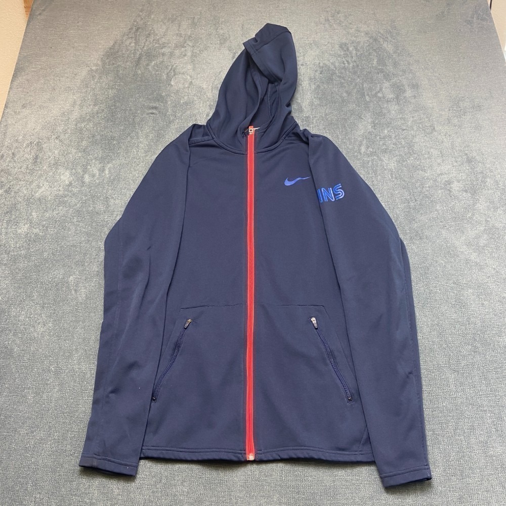 Nike Dri Fit Hoodie Mens Large Navy Blue Swoosh Logo Pocket Long Sleeve Full Zip